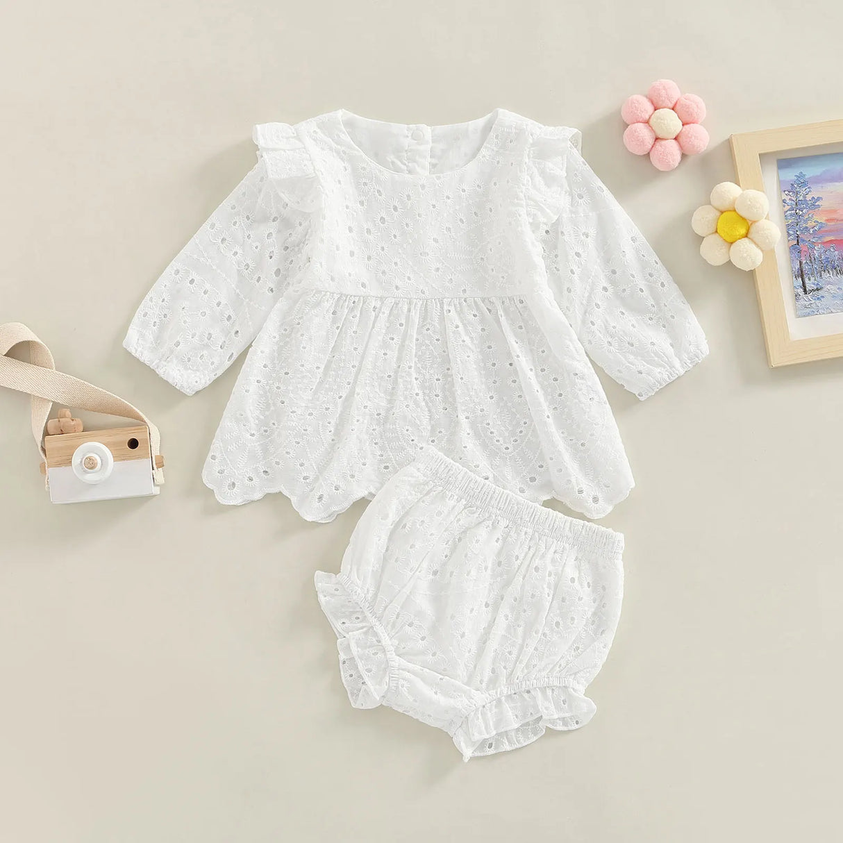 0-24M Toddler Baby Girl Clothes Set Solid Color Cutout Round Neck Long Sleeve T-shirt Tops and Elastic Casual Ruffle Shorts