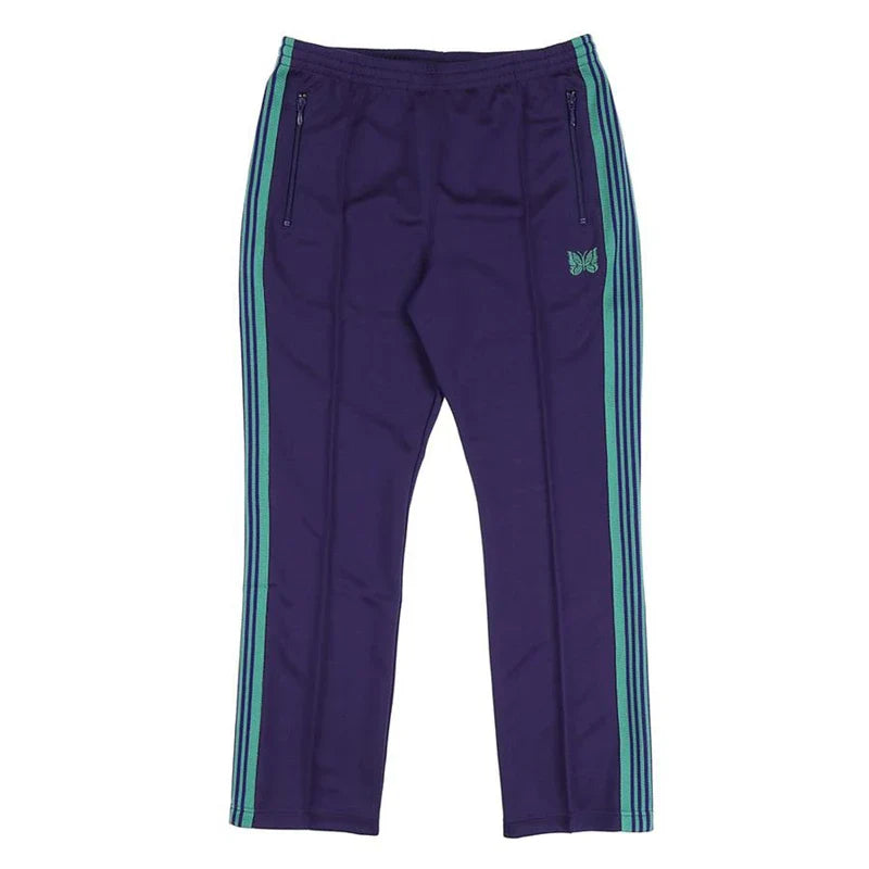 New style  Purple Stripe Needles Sweatpants Men Women White Embroidered Butterfly Awge Needles Drawstring Track Pants