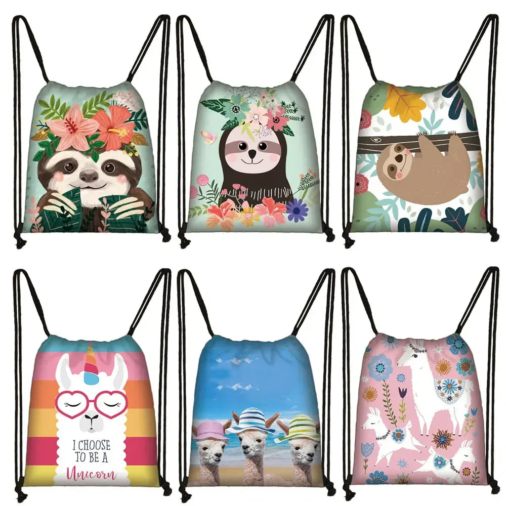 Cute Animal Sloth Alpaca Drawstring Bags Women Storage Bag for Travel Ladies Softback Backpack Teenager Girls Bookbag Gift