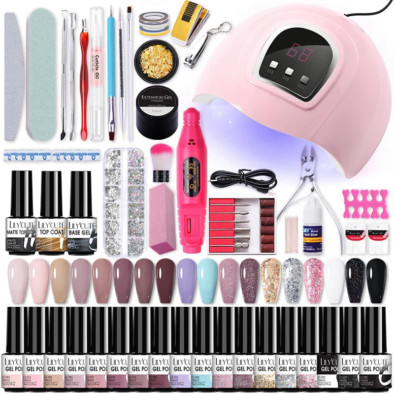 LILYCUTE Manicure Set For Quick Nail Extensions Gel Nail Polish With UV LED Nail Lamp Electric Nail Drill All For Nail Gel Tools