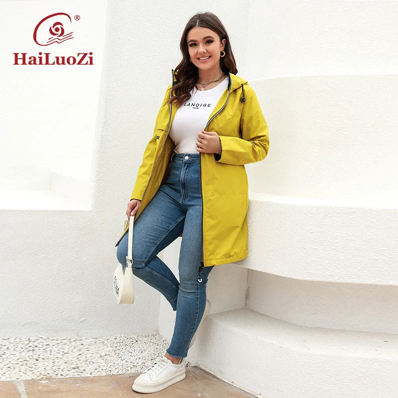 HaiLuoZi 2022 Women's Trench Coat Plus Size Jacket for Women spring Short Parka Hooded Casual Windbreaker Pockets Outwear 2202