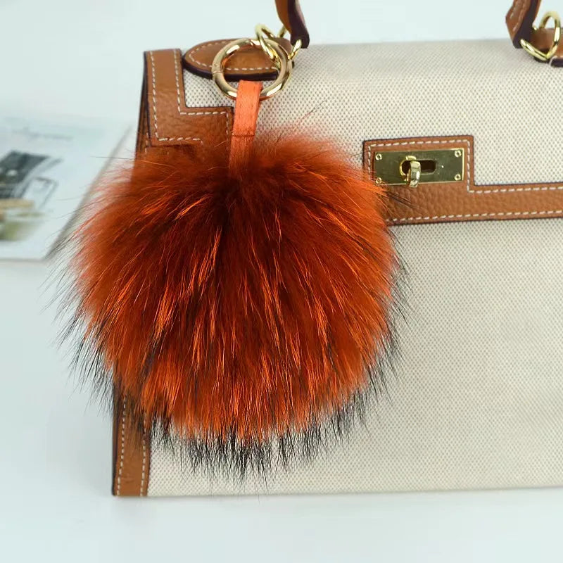 Big Size 15cm Real Fox Fur Ball Keychain Natural Raccon Fur Tassels Leather Strap Key Chain Ring Pendant For Women Charm f278