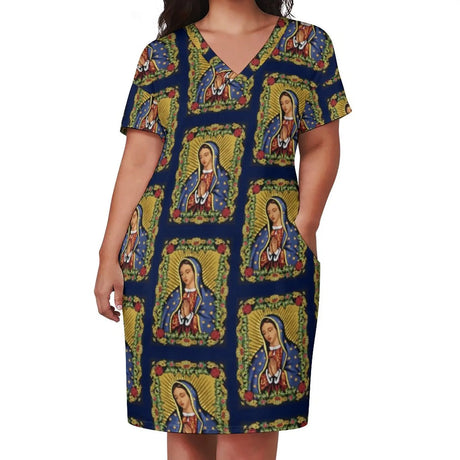 Virgin Mary Catholic Dress Short Sleeve Our Lady of Guadalupe Street Style Dresses Holiday Kawaii Casual Dress Plus Size Clothes