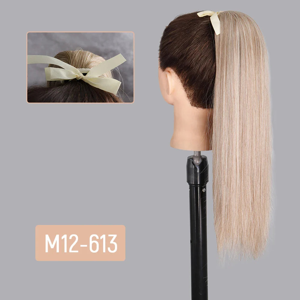 AZQUEEN 55CM Long Straight Bow Tie Ponytail Clip In Hair Extension Natural Brown Blonde Synthetic Pony Tail Hairpieces For Women