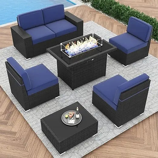 7/8 Pieces Outdoor Patio Furniture Set with  Fire Pit Table Rattan Sectional Sofa Conversation Sets Moden Set for Garden