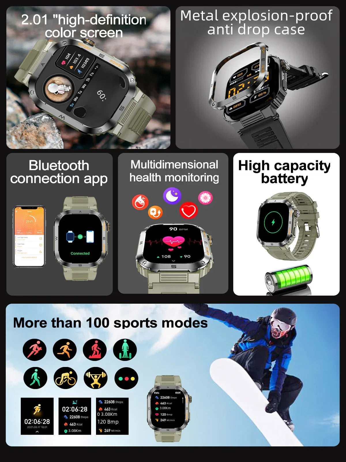 Outdoor Military Smart Watch Men Bluetooth Call 400mAh battery Smartwatch For Android IOS IP68 Waterproof Sports Fitness Watches