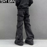 Y2K Punk Black American Street Rock Retro High Waist Oversized Jeans Men Raw Edge Washed Darkwear Wide Leg Trousers Men