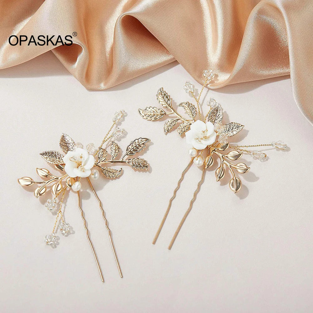 U-shaped Pearl Hairpin Hair Clips Golden Leaf Side Pin Fashion Party Girls Crystal Tiaras Wedding Hair Jewelry Marrige Headdress