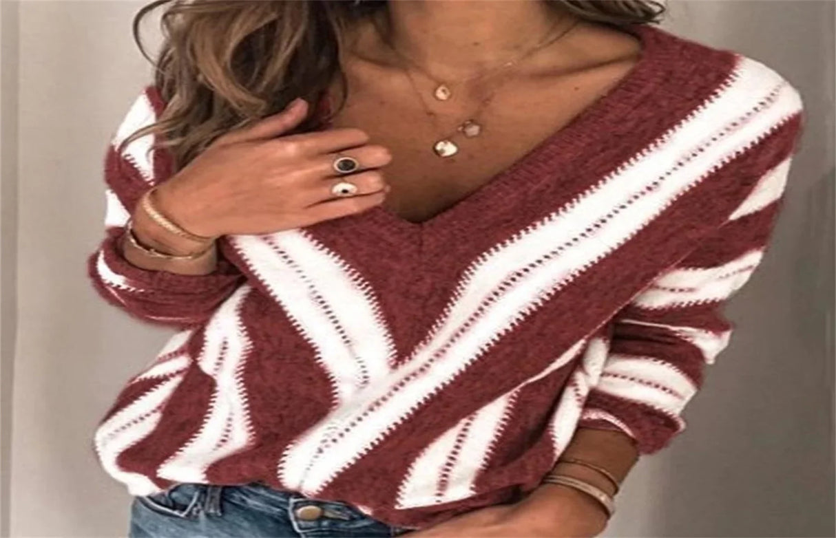 Fashion V Neck Striped Knitted Women Sweater Oversized Loose Pullover 2023 Autumn Winter Female Plus Size Knitwear Lady Jumpers