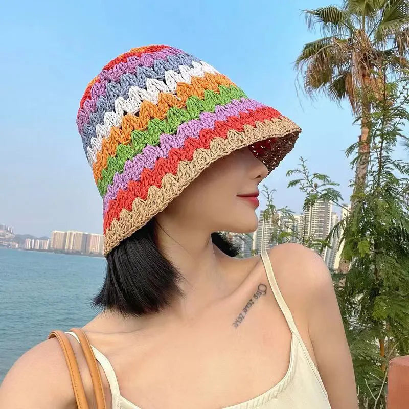 New Colorful Striped Knitted Hat for Women Spring Summer Sunscreen Bucket Hats Girls Sweet Casual Cap Beach Vacation Straw Hat