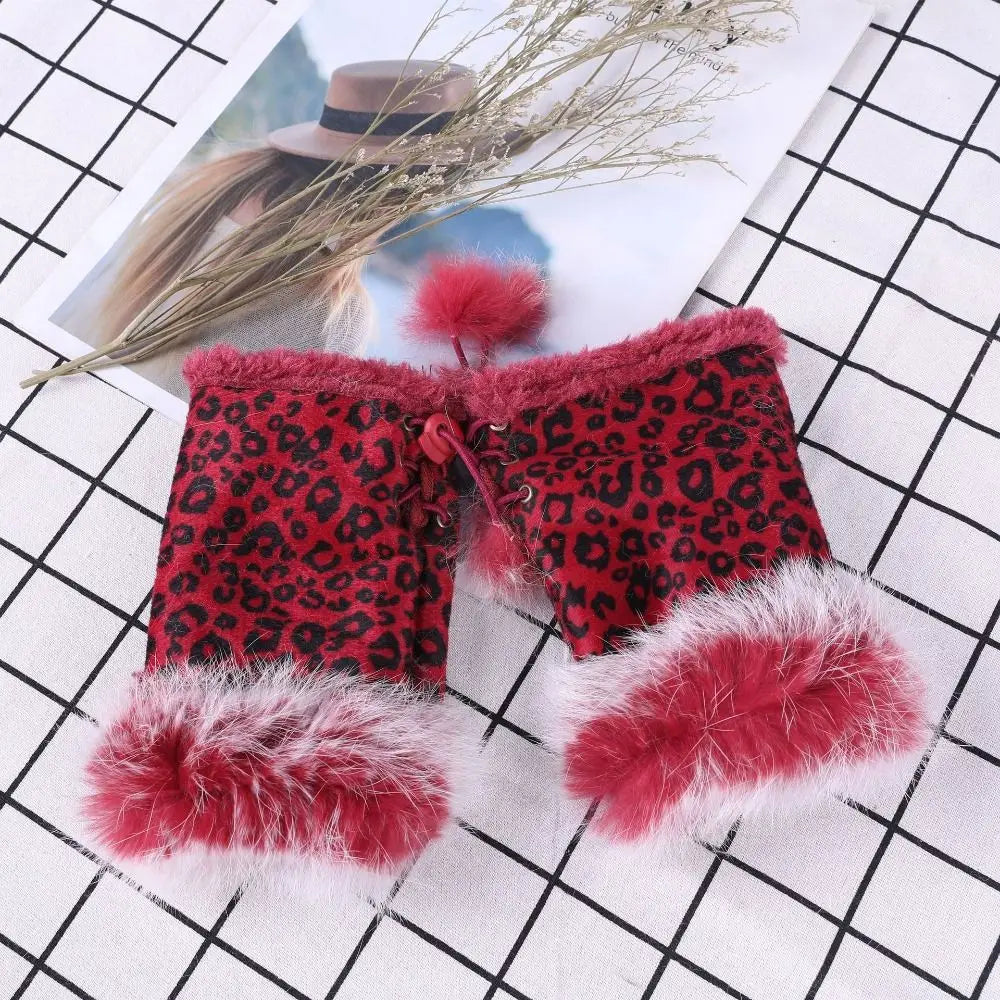 1 Pair New Fashion Faux Rabbit Hair Gloves Suede Leather Fingerless Soft Stretch Gloves Women Girls Winter Thicken Warm Mittens