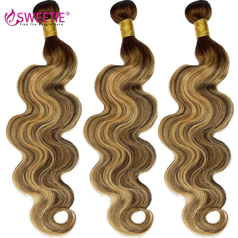 Highlight Body Wave Bundles Human Hair Bundles P4 27 Ombre Honey Blonde Bundle 12A Peruvian Remy Hair Weave Extensions For Woman