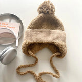 Women Pompom Ear Warmer Bonnet Fleece-lined Ear Protection Beanies Caps Knitted Hat Lace-up Winter Warm Thickened Ear Flap Hat