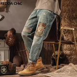 ReddaChic 90s Retro Ripped Patchwork Straight Jeans Men Animal Bear Embroidery Blue Brushed Frayed Denim Pants Korean Streetwear