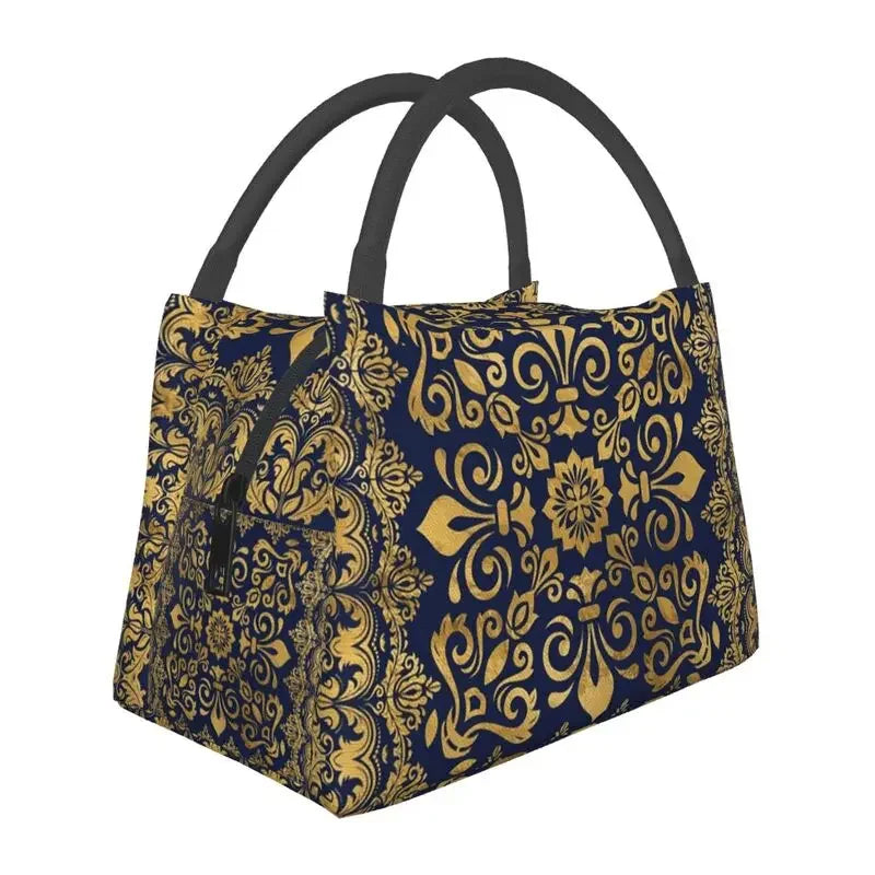 Custom Golden Lion And Damask Ornament Lunch Bags Men Women Warm Cooler Insulated Lunch Boxes for Picnic Camping Work Travel