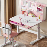 Kids Study Desk and Chair Set, Height Adjustable Ergonomic Children Writing Table with Tilt Desktop, Drawers, Lamp, Bookstand