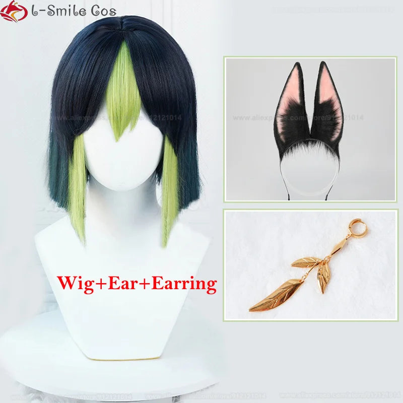 Tighnari Cosplay Wig Game  Sumeru Tighnari Short Heat Resistant Synthetic Hair Halloween Party Wigs Ear + Wig Cap