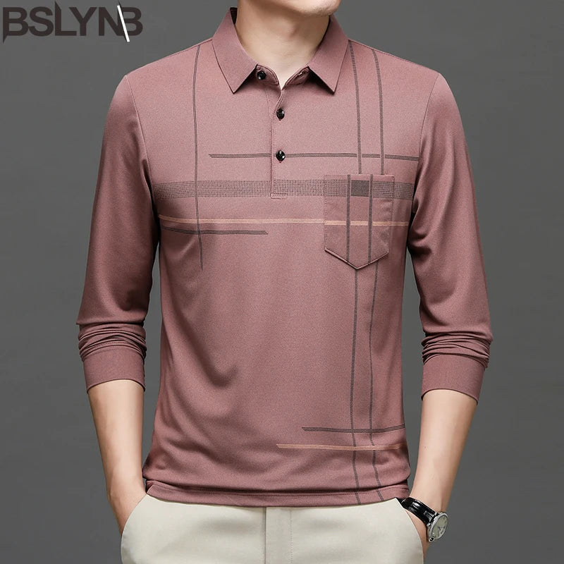 Spring Autumn Striped Business Polo Shirt Men's Long Sleeve Pullover T Shirt Turn-down Collar Tops