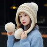 New Knitted Hat Thick Warm Earflap Hats Scarf 2Pcs Set Fleece Lined Ball Pompom Skullies Beanies Women Winter Rabbit Fur Cap