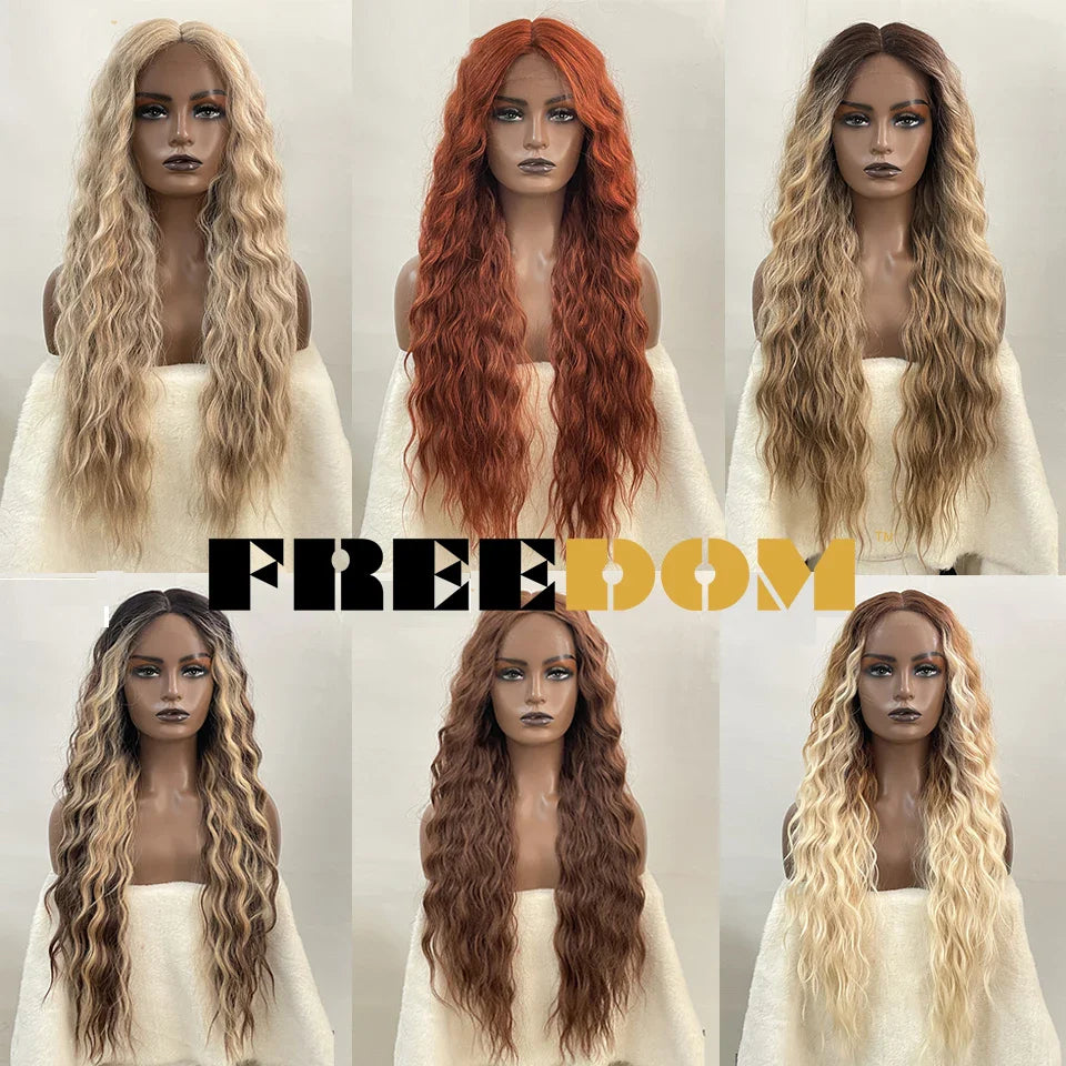 FREEDOM Synthetic Lace Wig Long Deep Wavy Ombre Blonde Ginger Lace Wigs For Black Women Heat Resistant Cosplay Wigs