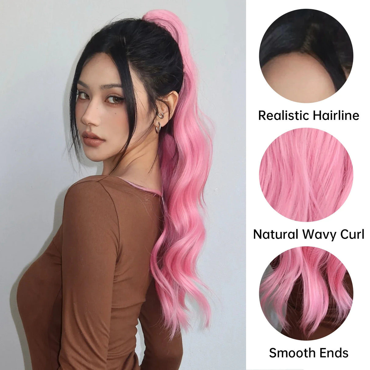 Synthetic Ponytail Pink Long Wavy Claw Clip Ponytail Braid In Hair Extensions Ponytail Hairpiece for Women Heat Resistant 26inch