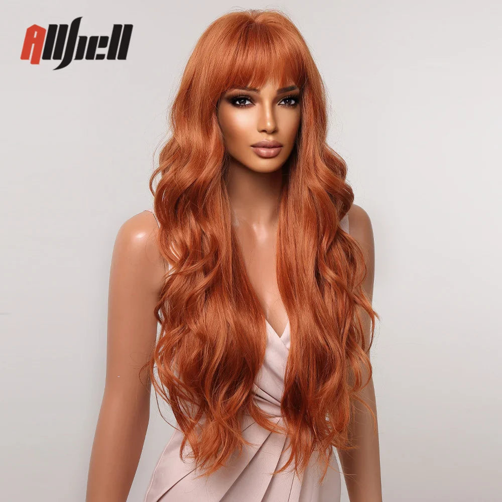 Copper Ginger Brown Wigs with Bangs Natural Synthetic Long Wavy Wigs for Black Women Afro Cosplay Daily Heat Resistant Hair Wig