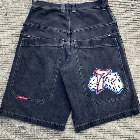 Streetwear JNCO Shorts Y2K New Harajuku Dice 7 Graphic Hip hop Baggy Denim Shorts Men's And Women's High Waist Basketball Shorts