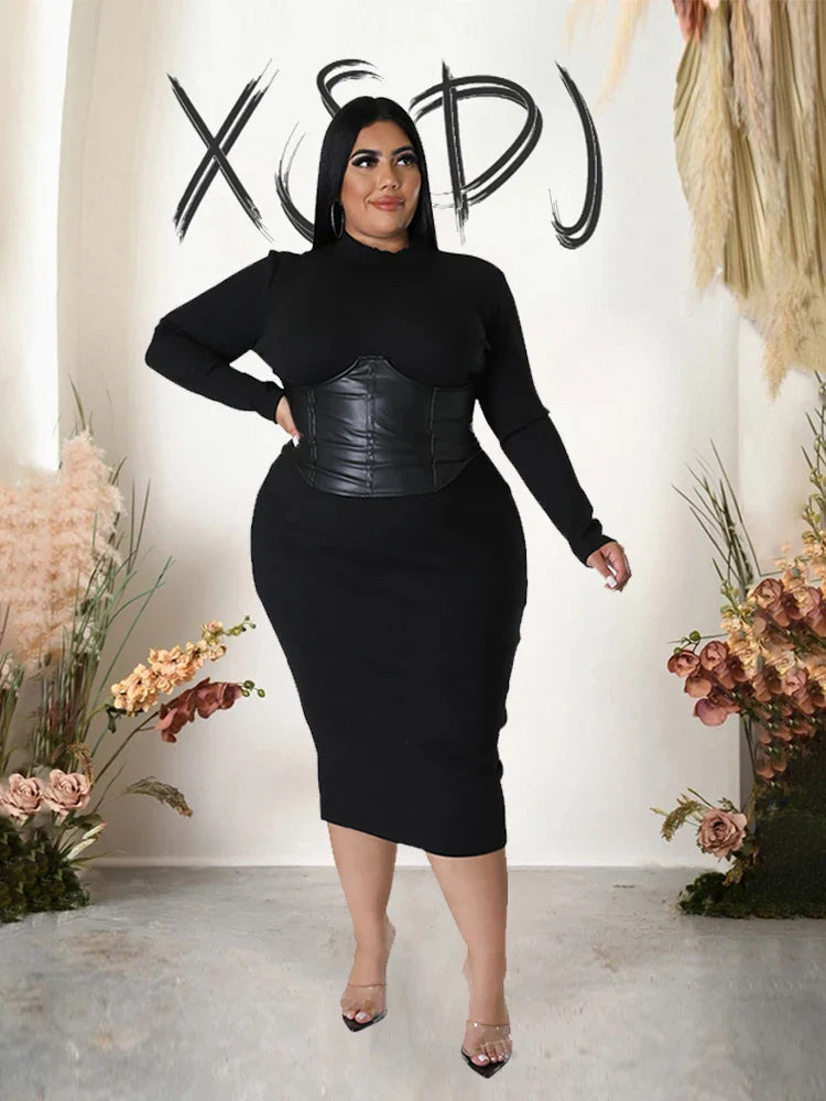 Zipper Dress Tight Ladies Mid Length Plus Size Leather Woman Dress One Piece Long Sleeved Elegant Birthday Dress Fast Express