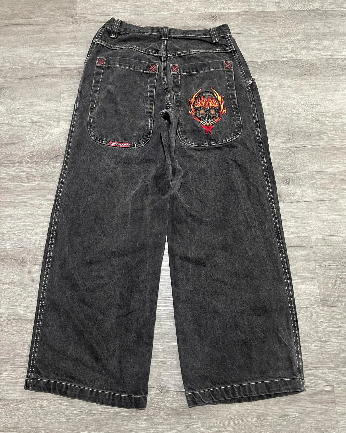 JNCO Jeans Y2K Mens Streetwear Harajuku Hip Hop Retro Skull Embroidered Baggy Jeans New Gothic High Waist Wide Leg Trousers