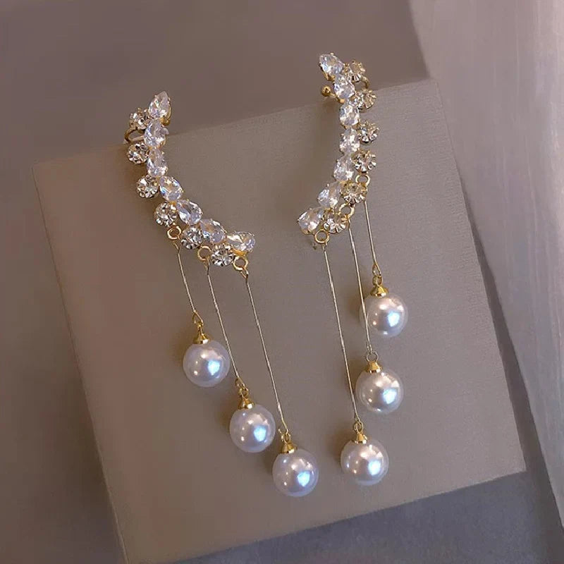 2023 New Classic Elegant Imitation Double Pearl Dangle Earrings For Women Crystal Long Tassel Drop Earring Wedding Jewelry Gifts