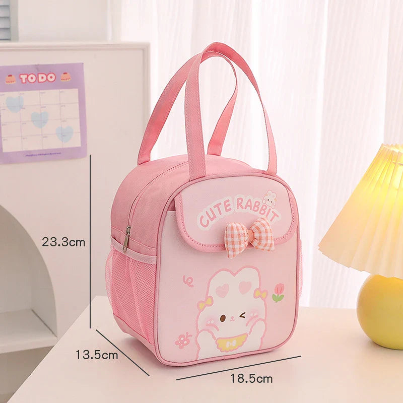 Cute Portable Lunch Box for Kids Pink Bow Bunny Thermal Insulated Lunch Bag Bento Pouch Kawaii Container School Food Storage Bag