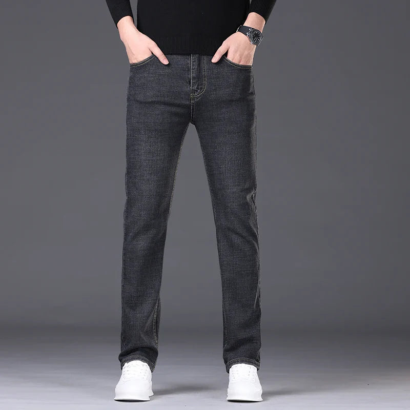 High Quality Brand Jeans Mens Large Size Business Casual Jeans Fashion Slim Fit Stretch Straight Denim Pants Four Season