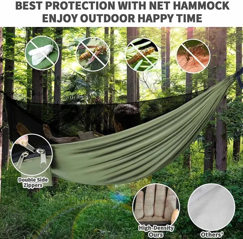 Double Travel Camping Hammock with Mosquito Net,Backpacking Portable Parachute 5+1 Ring Strap Hammock