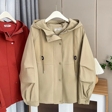 Washed Cotton Solid Color Zipper Hooded Jacket Womens Plus Size Autumn 2023 Casual Clothing Fashion Outwear Curve Coats F21 6821