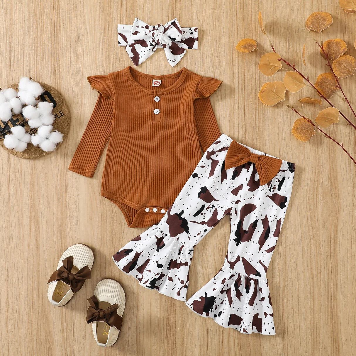 Citgeett Autumn Infant Baby Girls Jumpsuit Solid Color Ribbed Fly Sleeve Romper + Leopard Flare Pants Spring Clothes