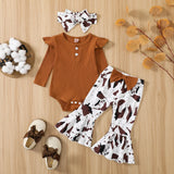 Citgeett Autumn Infant Baby Girls Jumpsuit Solid Color Ribbed Fly Sleeve Romper + Leopard Flare Pants Spring Clothes