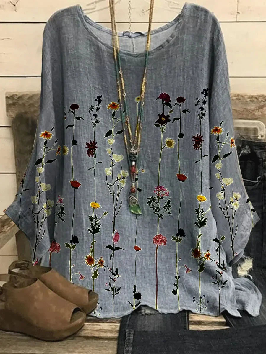 2023 New Round Collar Flower Printing Top Retro Pullover Summer Loose Short Sleeves Plus Size Tee Shirt Fashion T-Shirt S-6xl