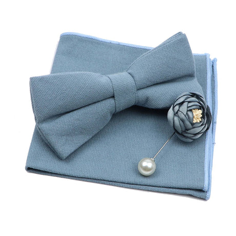 Solid Color Mens Bowtie Brooch Set 100% Cotton Pink Blue Bow Tie Flower Lapel Pin Romantic Wedding Party Suit Shirt Accessories