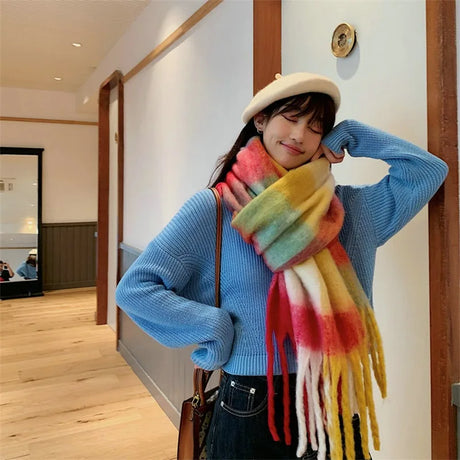 Winter Women Plaid Scarf Winter AC Pamanhmina Shawls Cashmere Thick Wraps Lady Tassel Warm Scarves Rainbow Hairy Bufanda Man