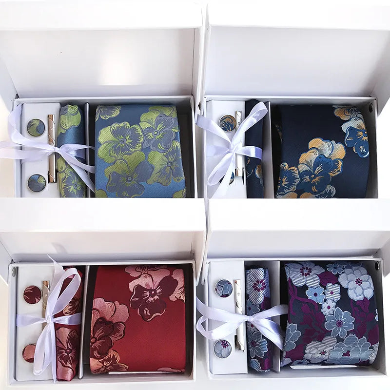 Luxury Tie Set Gift Box For Men Paisley Floral Silk Neck Tie Pocket Squares Cufflinks Tie clips Set Formal Wedding Party Ties