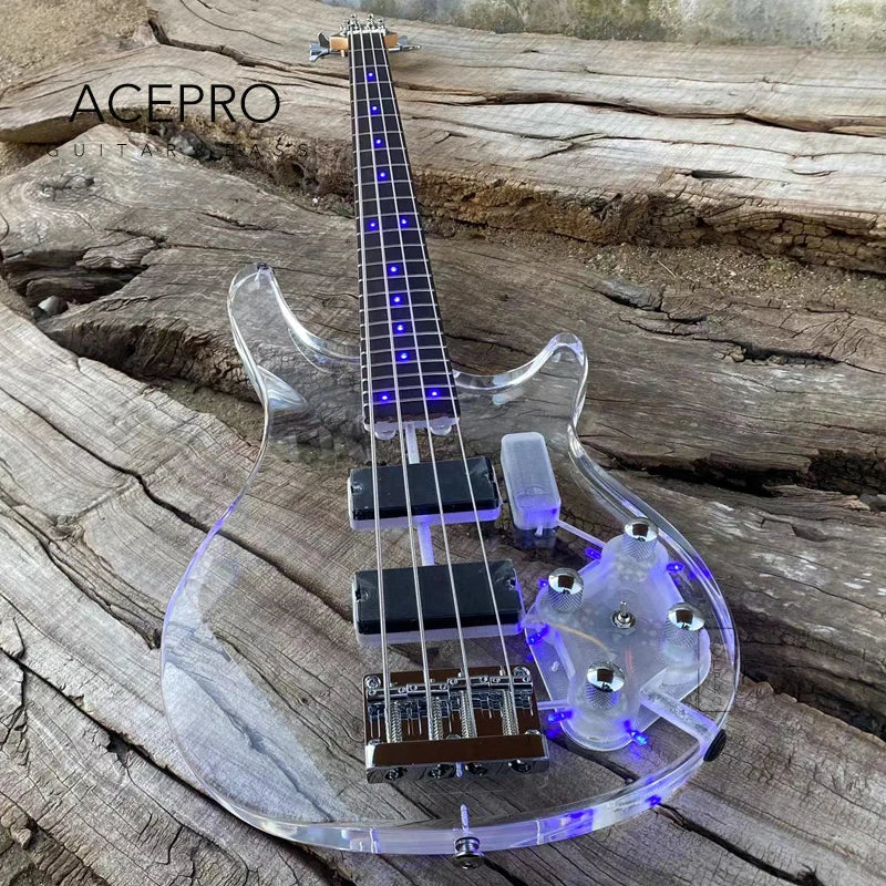 4 String Blue LED Lights Electric Bass Guitar, Clear Acrylic Crystal Body, Maple Neck, Rosewood Fingerboard