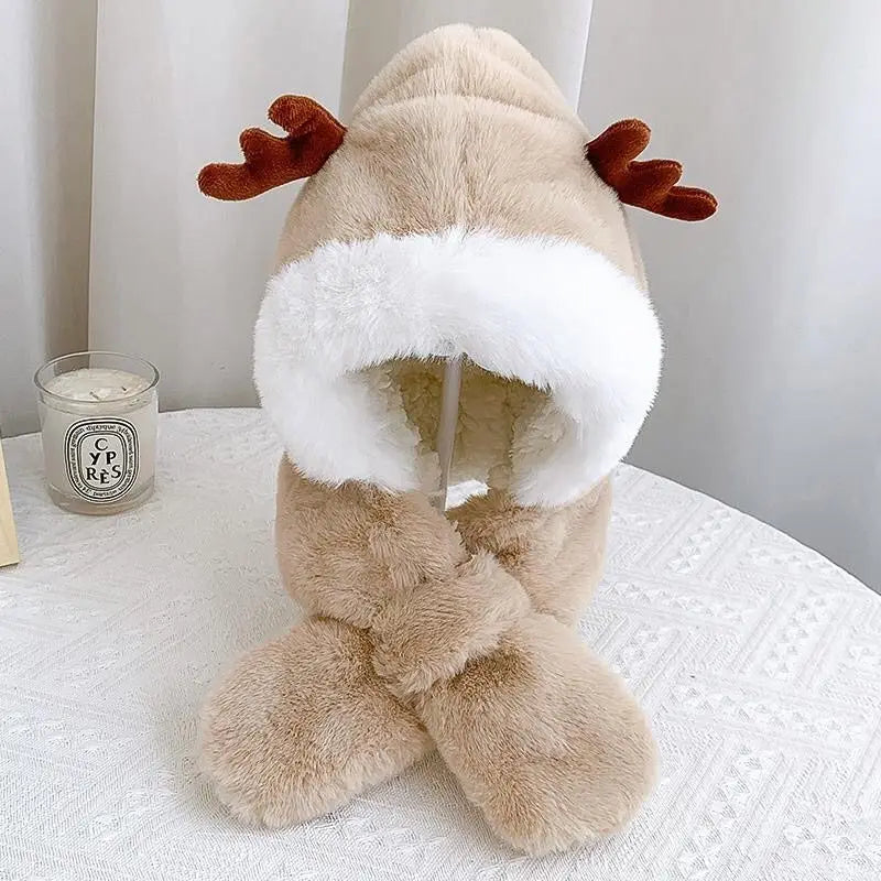 Fur Winter Baby Hat Scarf One-Piece Soft Kids Cap for Girls Boys Cartoon Warmer Neck Ears Baby Bonnet Infant Accessorie