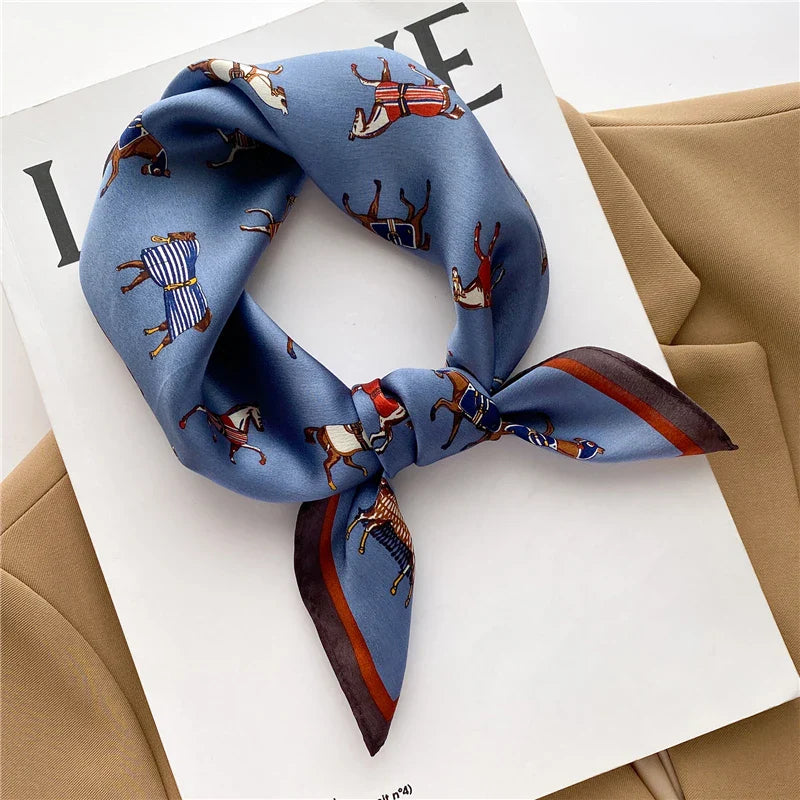 Horse Print 100% Real Silk Square Scarf Women Luxury Brand Small Neckerchief Female Hair Hand  Wrist Foualrd Scarves Bandana