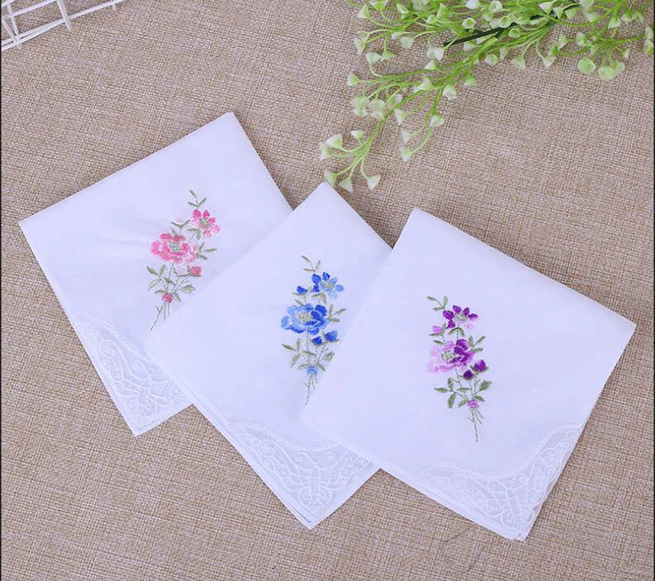 10pcs Handkerchief Cotton Floral Embroidery Lace Edge Square Towel