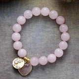 Classic 10MM Beads Rose Quartzs Heart Charm Stretch Elastic Bracelet Natural Stones Teengirl Mother's Day Jewelry Wholesale