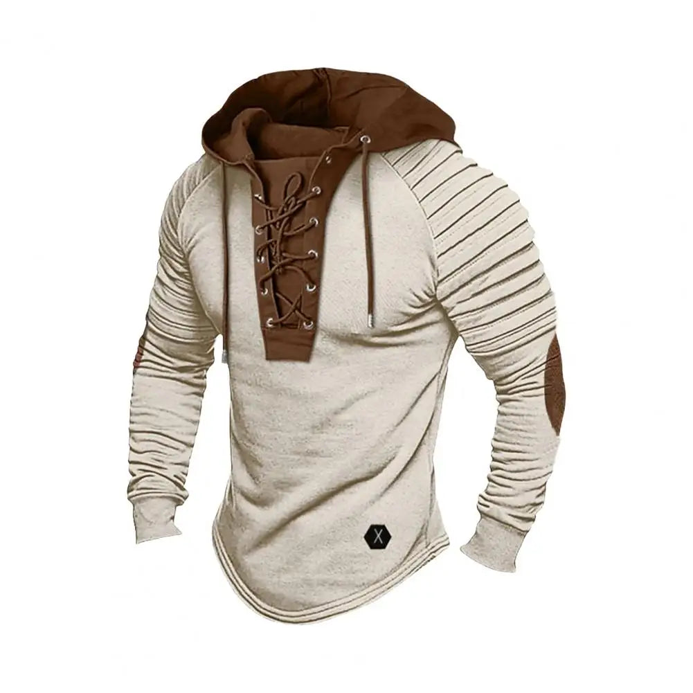 Men Hooded Sweatshirt Vintage Lace-up Drawstring Men's Hoodie with Pleated Shoulders Soft Stretchy Breathable Daily Top Tie