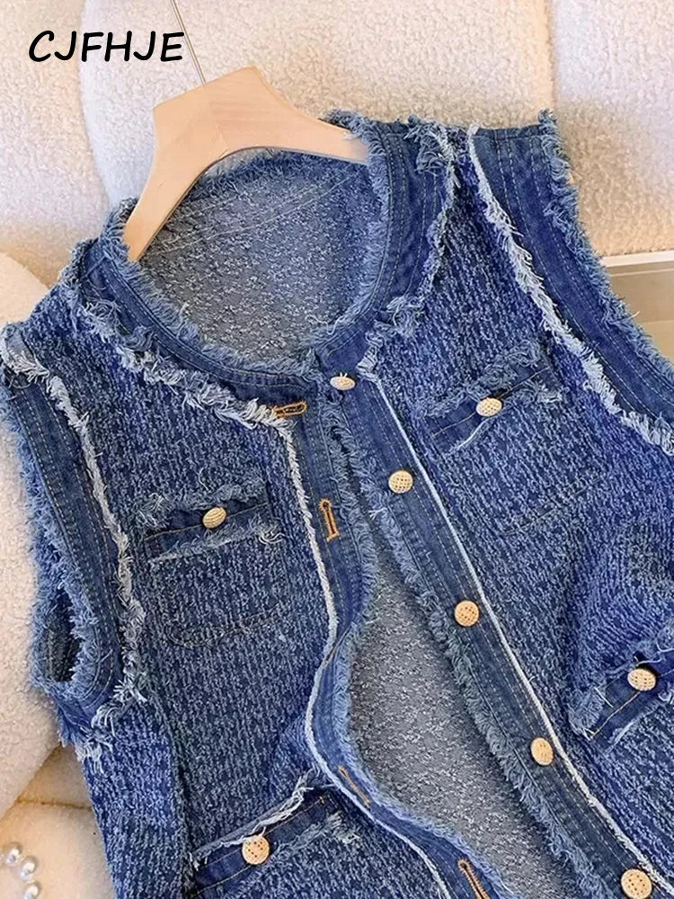 CJFHJE Blue Spring Autumn Flow Sleeveless Tank Top Coat Women Single Breasted Plaid Denim Vest Female Tassel Elegant Lady Vests