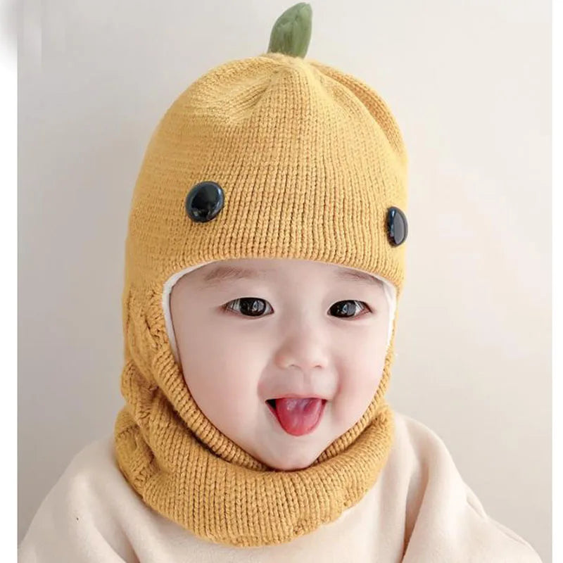 Doitbest Winter knit Baby Knitted Hat scarf one-piece Hats Kids Girl Boy Beanies Caps Warm dinosaur Earflap Hats for Children