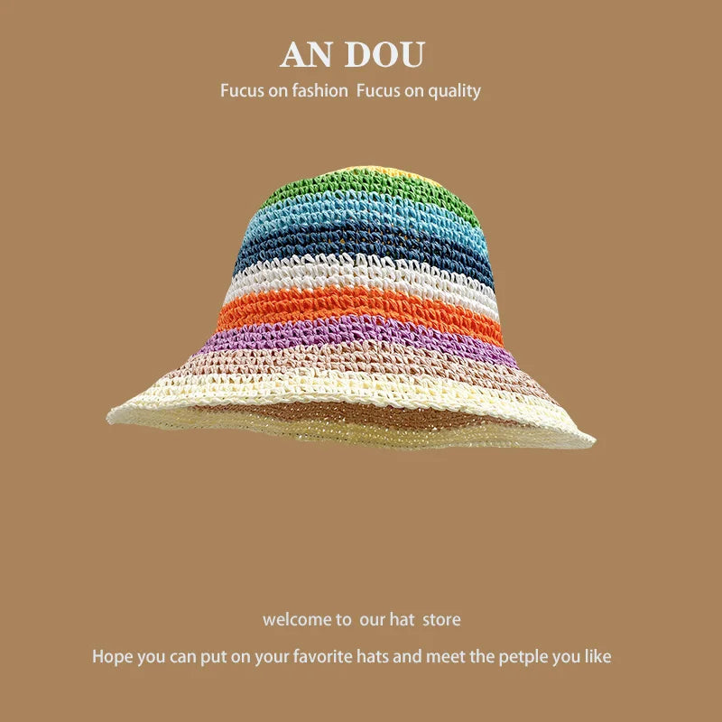 Spring Summer Korean Sweet Big Brim Straw Sun Hat Women Seaside Sunshade Sunscreen Straw Bucket Hat Basin Hat