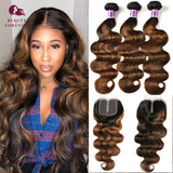 Beauty Forever Ombre Brown Body Wave Bundles With Closure Highlight Color Double Drawn Peruvian Human Hair Weaving Free Shipping